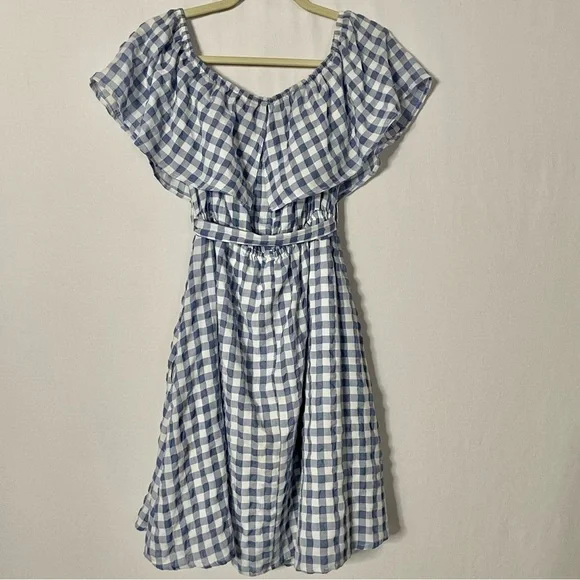 Anthropologie ie 11.1. Tylho Kinsey Off-The-Shoulder Blue & White Gingham Dress - Picture 8 of 15